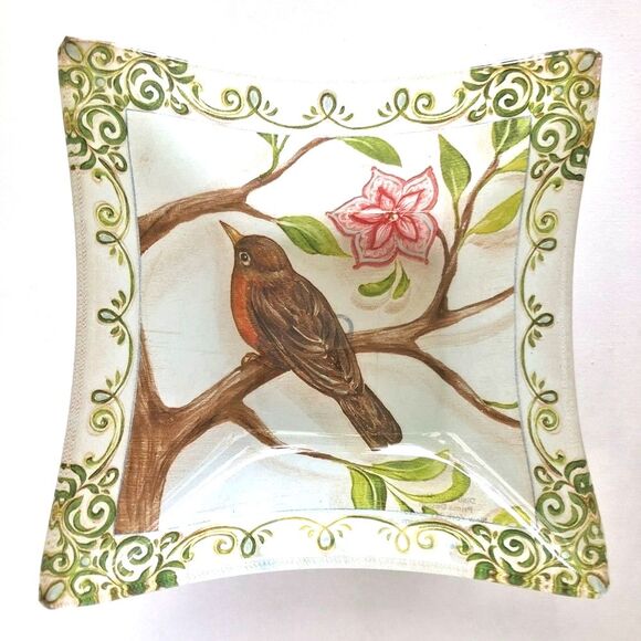 Prima Design Square Glass Multi-purpose Dishes Set Of 2 Floral & Bird Design - Picture 3 of 8